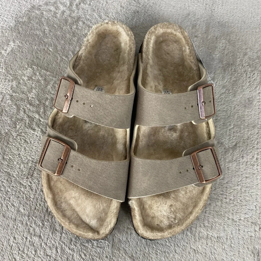 Birkenstock Arizona Shearling Sandals Womens US 10 EU 41 Grey Taupe Narrow NEW